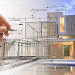 Hand drafting a modern white villa with a pool
