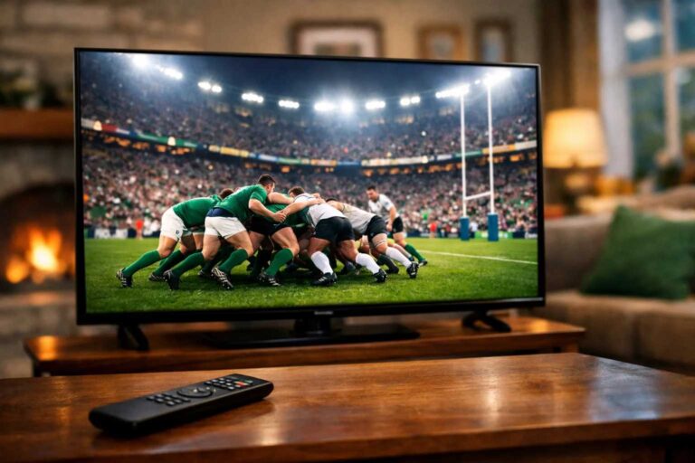 Sports fan watching a live football match on IPTV Australia through a smart TV with HD streaming and multiple sports channels.
