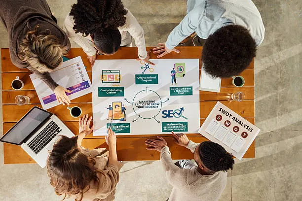 A team surrounding a wooden table planning marketing tactics and SWOT analysis with guidance from a digital marketing agency London.