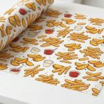 alt="Custom fry paper roll with a vibrant repeat pattern of crispy french fries, golden potato wedges, and dipping sauce cups on a clean background, without any text"