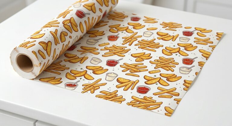 alt="Custom fry paper roll with a vibrant repeat pattern of crispy french fries, golden potato wedges, and dipping sauce cups on a clean background, without any text"